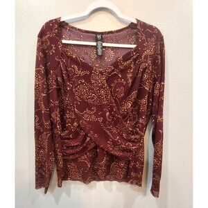 W Blouse Women's 1X Form Fitting Chocolate Brown Paisley Fe-aux Wrap Y2k 90's